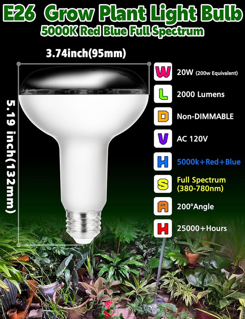 Xyanmc BR30 LED Grow Light Bulbs Floodlight 5000K Red Blue Full Spectrum, 20W E26 Plant Light Bulb 200w Equivalent, Balanced Spectrum for Indoor Plants, Seeding, Growing, Hydroponic, 2000lm, 2pcs - Image 2